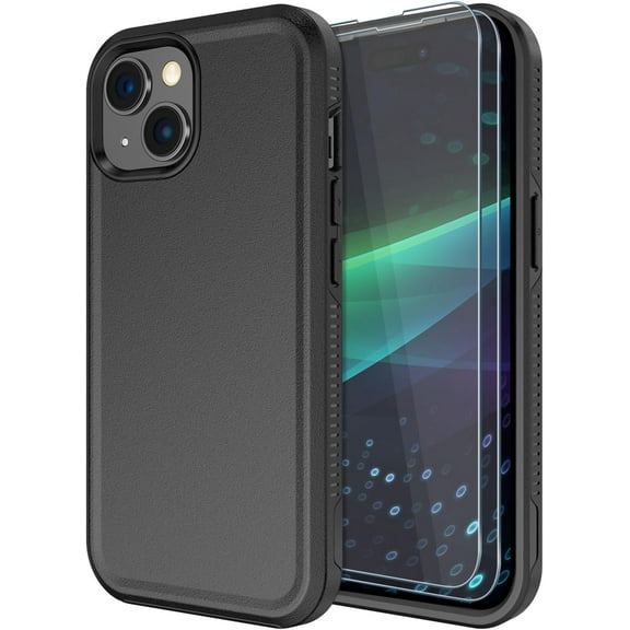 for iPhone 15 Case [Shockproof] [Dropproof] [Tempered Glass Screen Protector ],Heavy Duty Protection Phone Case Cover for Apple iPhone 15 6.1 inch (Black -2in1)