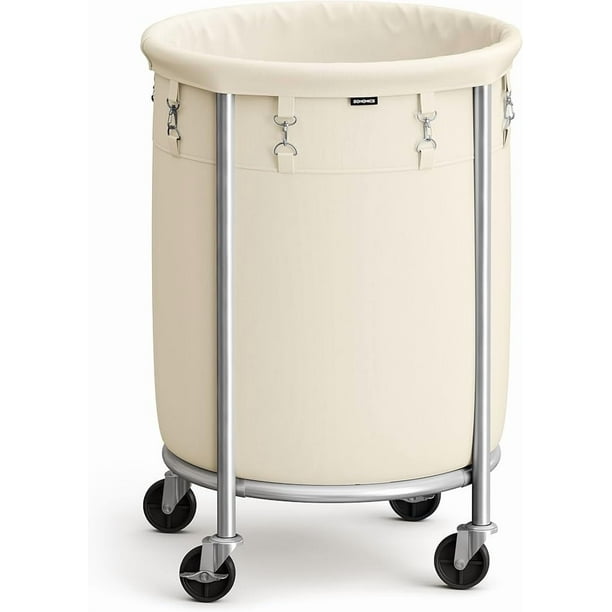 SONGMICS HOME Carro de la Ropa Sucia con Ruedas, 110 L, Cesta Redonda para la Colada, con Bolsa Extraíble, 4 Ruedas y 2 Frenos, Blanco y Plata