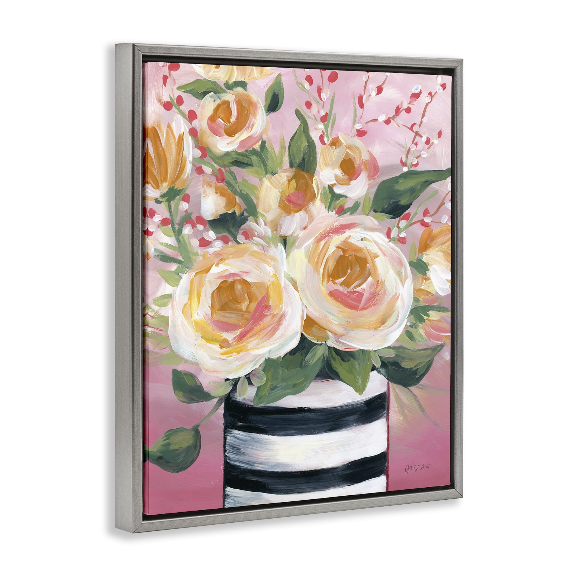 Stupell Industries Spring Blooms in Striped Vase Gray Framed Floater Canvas Wall Art, design by Yvette St. Amant