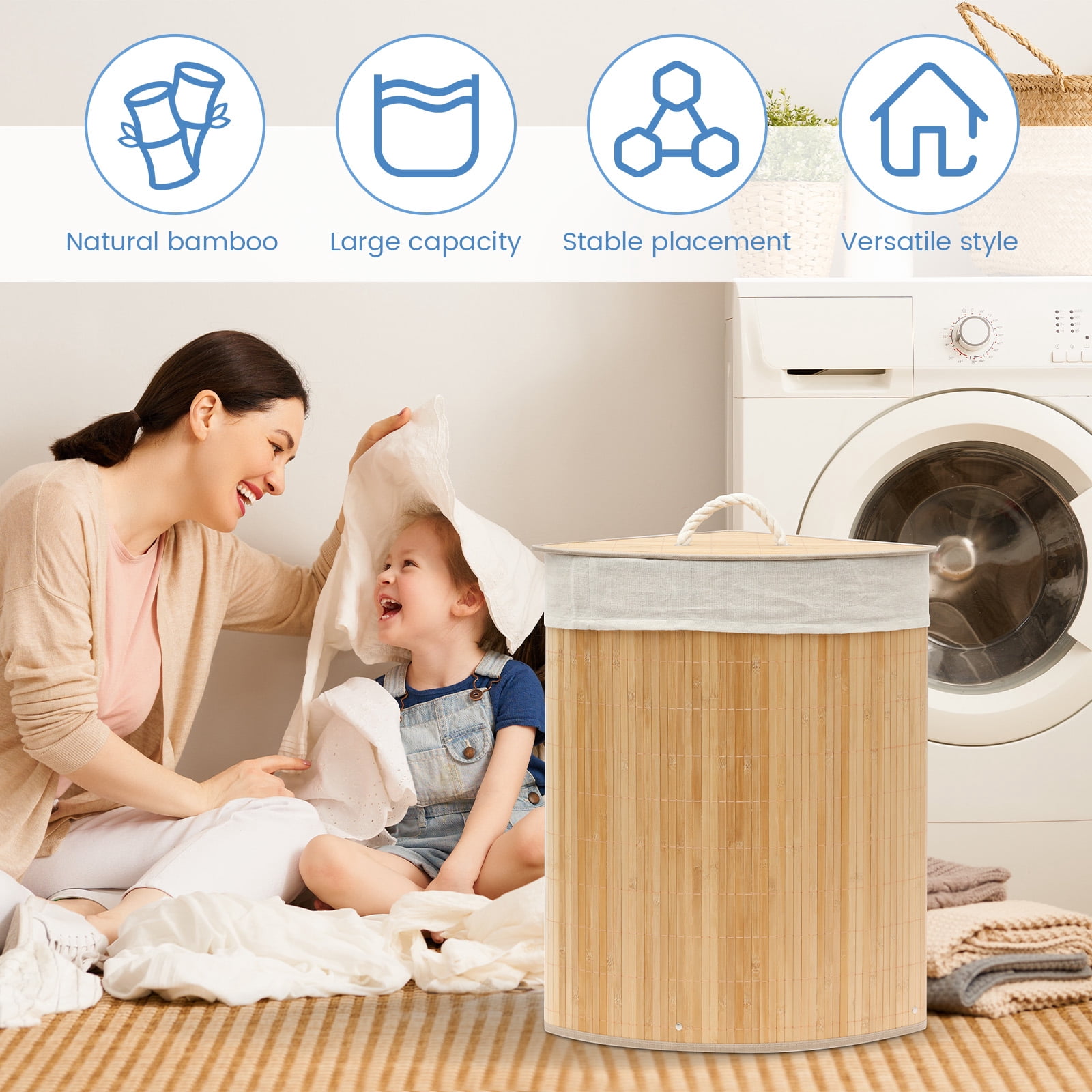 FKSZLL Laundry Hamper with Lid Laundry Basket Large Capacity Cloth Basket with Removable Liner Bamboo Hamper for Bedroom Bathroom