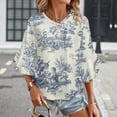 thumbnail image 3 of Powder Blue French Toile Picnic Designs Women's V-Neck Blouse With 3/4 Ruffled Bell Sleeves Casual Top Ladies Blouses, 3 of 7