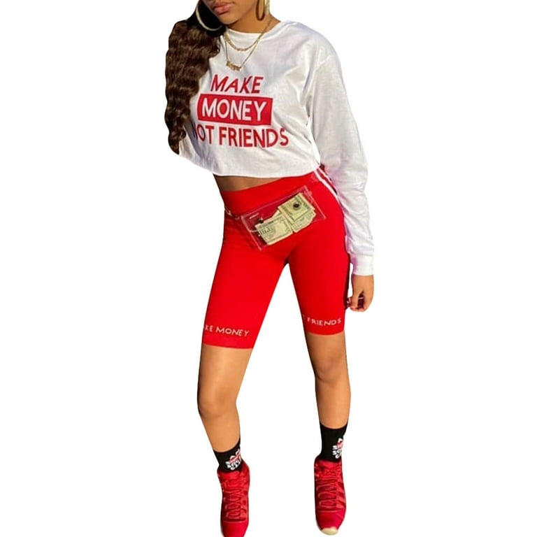 Canrulo Womens Casual 2Pcs Outfits Long Sleeve Letter PrintCrop Tops +  Elastic Skinny Shorts Sweatsuit Club Red L