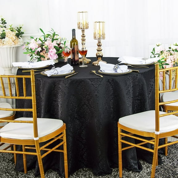 Wedding Linens Inc. 132" Round Damask Marquis Damask Jacquard Polyester Linen Tablecloth Table Covers with Seamless Design - Black