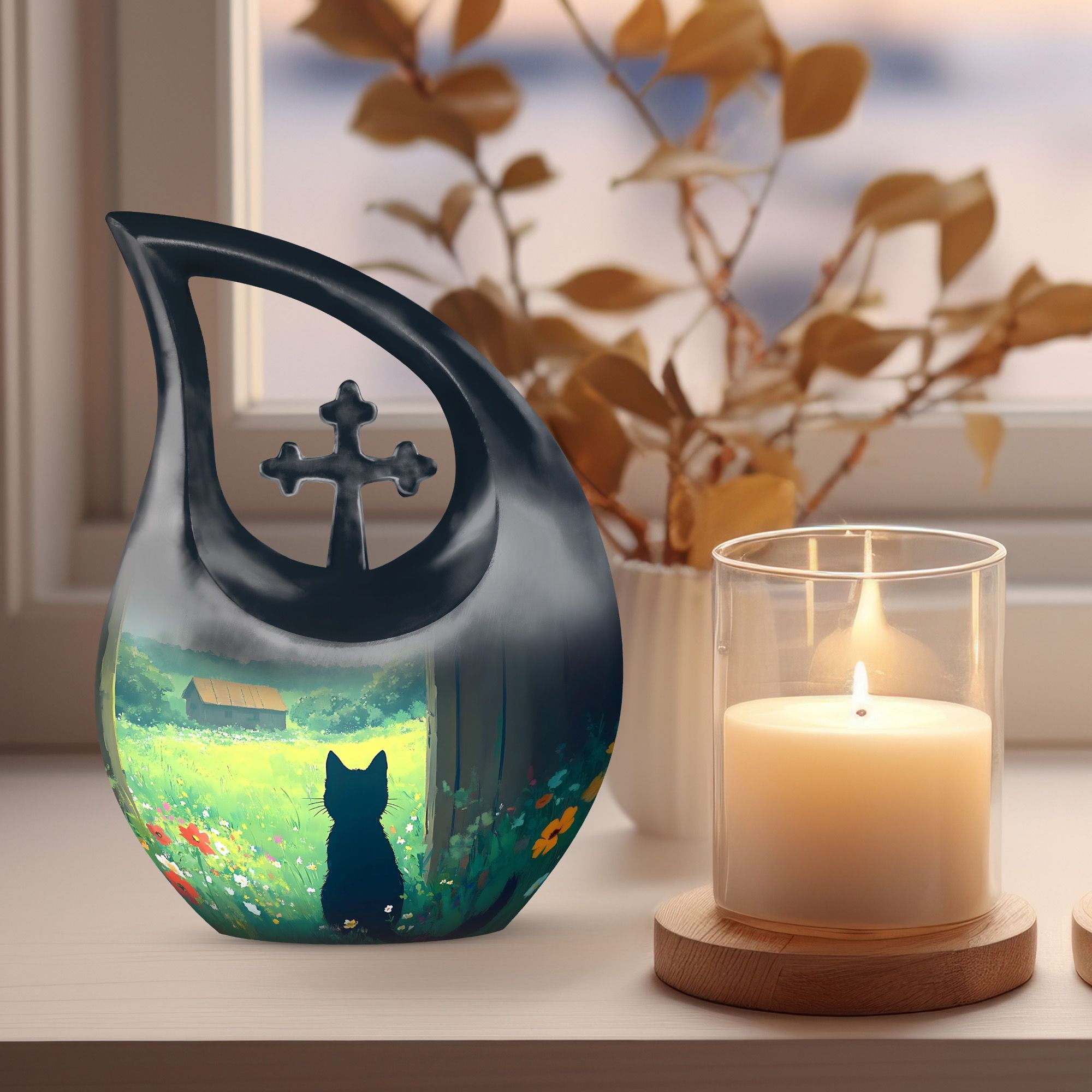 MUKTIVE Black Cat Large Urns for Human Ashes Remains - Flowers Memorial Cross Drop Adult Urns for Human Ashes Men and Women with Velvet Bag - Memorial Gifts for Loss of Mom, 10 Inch
