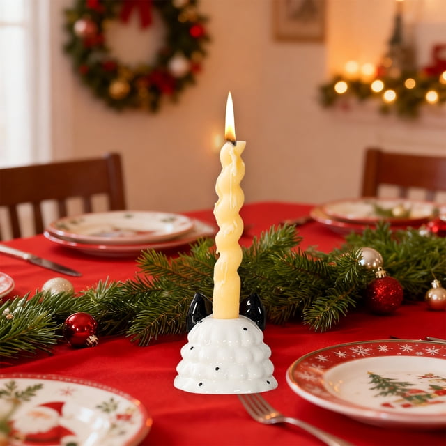 Candelabro navideño con lazo | Base de cerámica para velas de té | Centro de mesa festivo | Colores negro, rojo y verde | 8,9 x 8,5 cm | Decoración del hogar