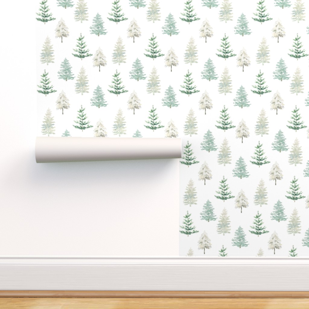 Removable Water-Activated Wallpaper Winter Forest Trees ...
