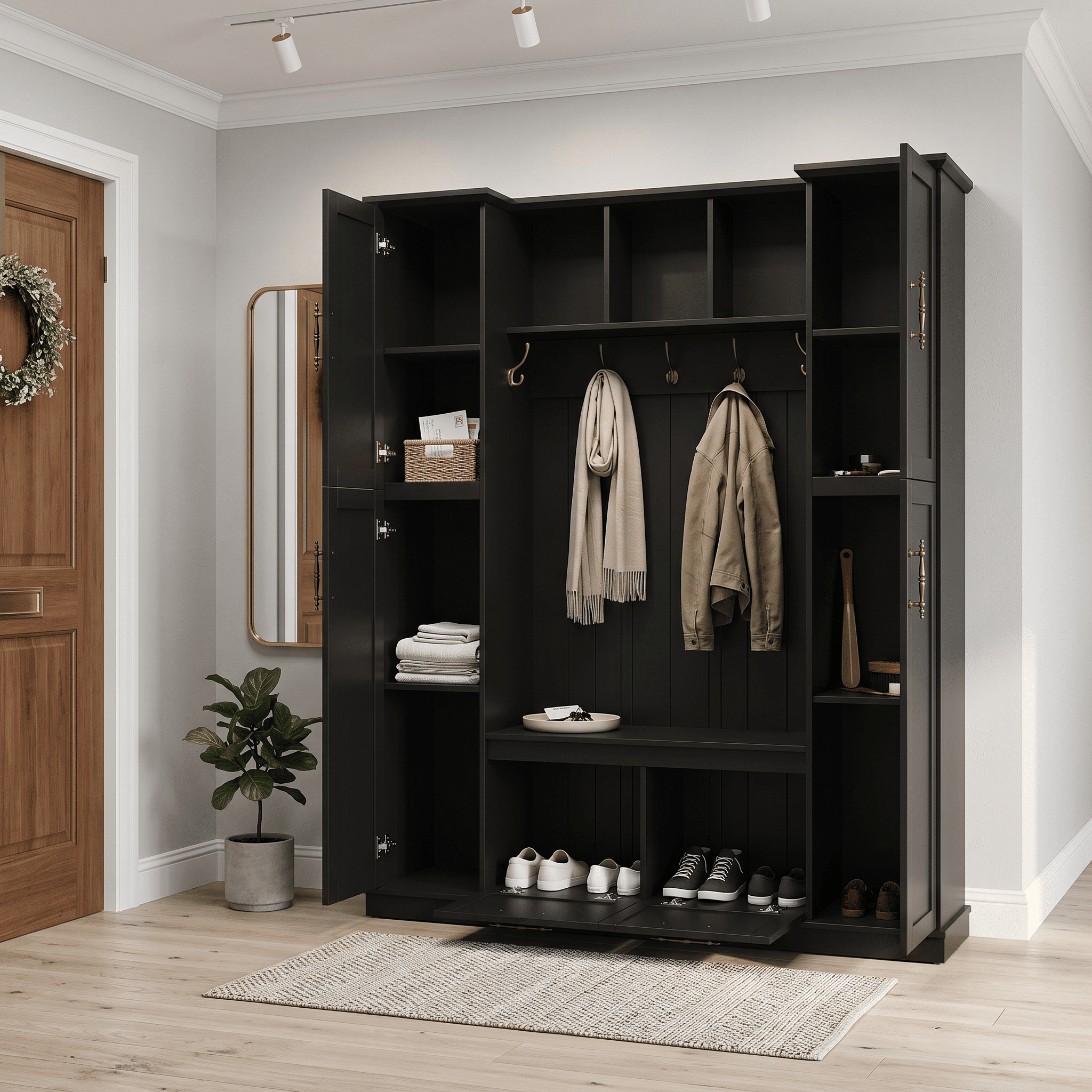 Homy Casa 60" Entryway Hall Tree with Built-in Bench, 5 Hooks, Cubbies & Drawers, Black