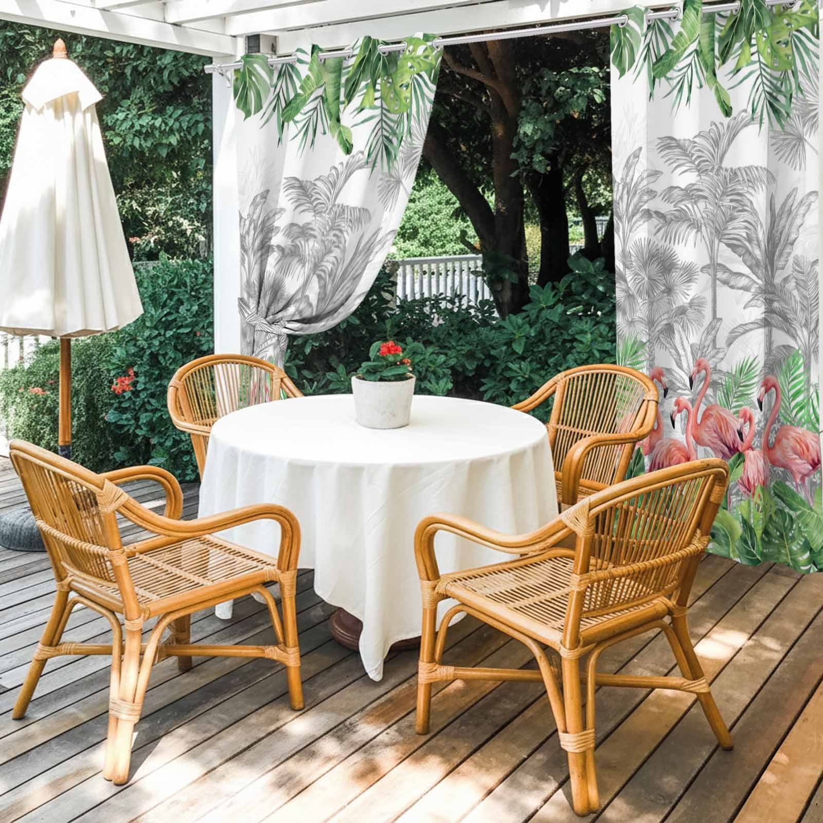 Summer Tropical Outdoor Curtains for Patio, Pink Flamingo Jungle Green Palm Leaves Grey Sunshade Privacy Drapes Grommet Waterproof Outside Curtains for Porch/Cabana/Balcony 54"x 108", 1 Panel