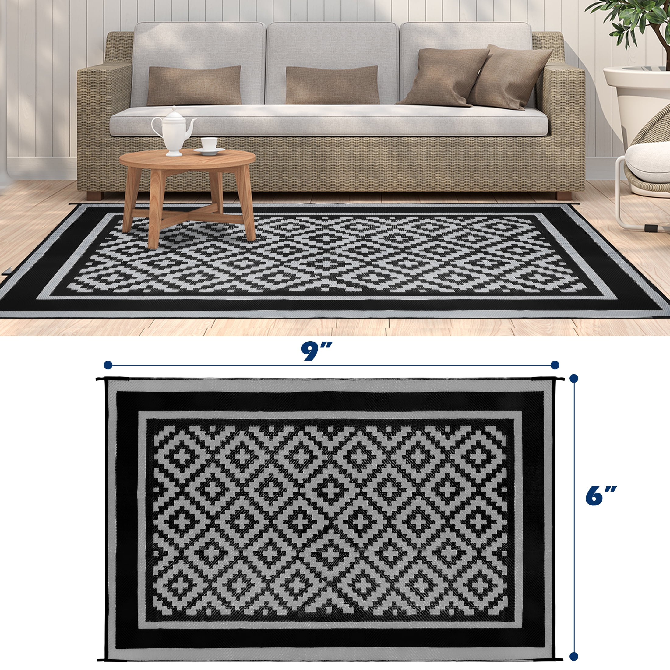 Kohree Outdoor Plastic Straw Rug 9'x12' ,Waterproof Mat with 4 Corner Loops Indoor Outdoor for RV, Camping, Deck ,Balcony (Black & Gray)