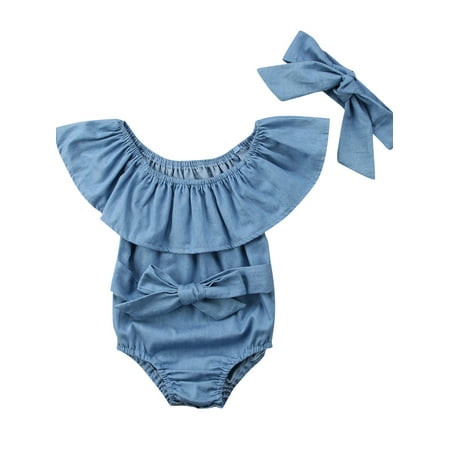 

Calsunbaby Newborn Baby Girls Romper with Headband Bodysuit Sleeveless Jumpsuit Ruffled One-piece Clothes Blue 0-6 Months