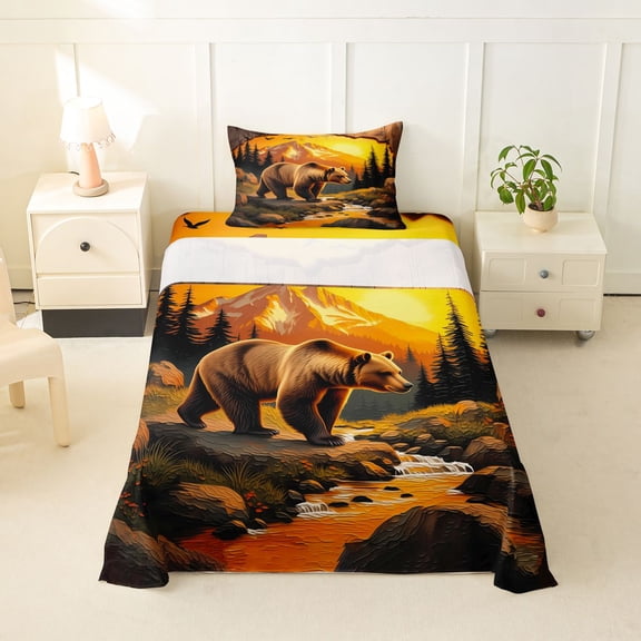 Manfei Sunset Mountain Twin Sheets,Safari Bear Bedding,Golden,3-Piece,1 Fitted Sheet and 1 Pillowcase