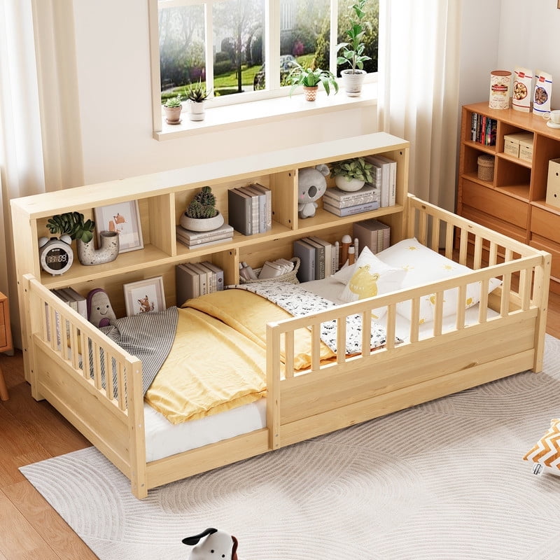 Bellemave Twin Montessori Bed with Storage Shelves, Wood Floor Bed with High Rail and Bookcase, Easy Assemble Twin Size Beds Frame(Natural)
