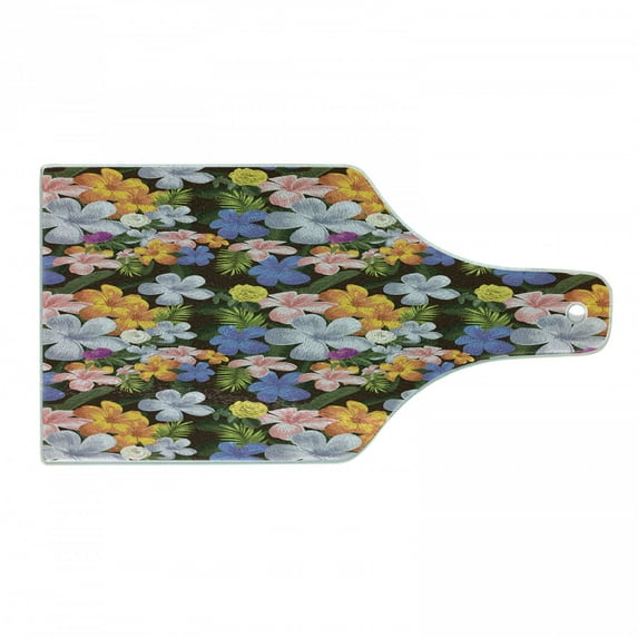Tropical Cutting Board, Interpretation of Colorful Various Endemic Hawaiian Flowers, Decorative Tempered Glass Cutting and Serving Board, in 3 Sizes, by Ambesonne