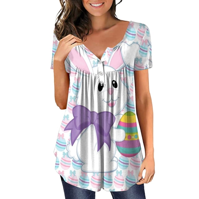 Fvwitlyh T-Shirts en Coton pour Femmes Chemises d'Impression de Pâques Appropriées Col Rond Manches Courtes Tee Tops Tunique Chemisier Blanc, XL