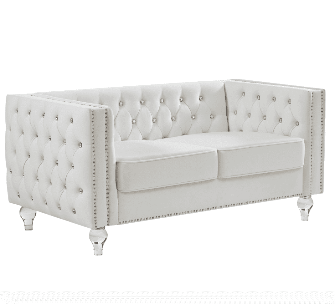 Modern Velvet Upholstered Loveseat Sofa with 2 Plush Pillows, Leisure 2-Seater Couch with Crystal Feet and Buckle, Lounge Sofa for Living Room, Bedroom, Office, Apartment, Beige