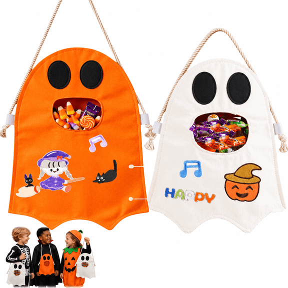 2 Pcs Halloween Candy Bags Reusable Halloween Goodie Bags Scary Ghost Halloween Trick or Treat Bags with Embroidery Patches for Halloween DIY Decor