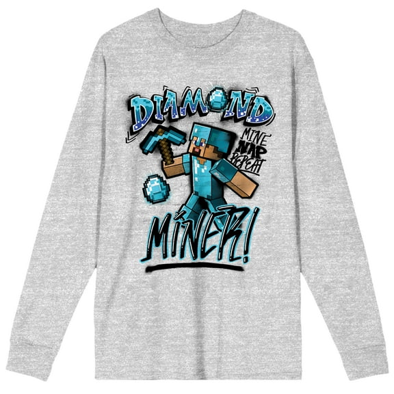 Minecraft Diamond Miner Men's Athletic Heather Long Sleeve Shirt-Large