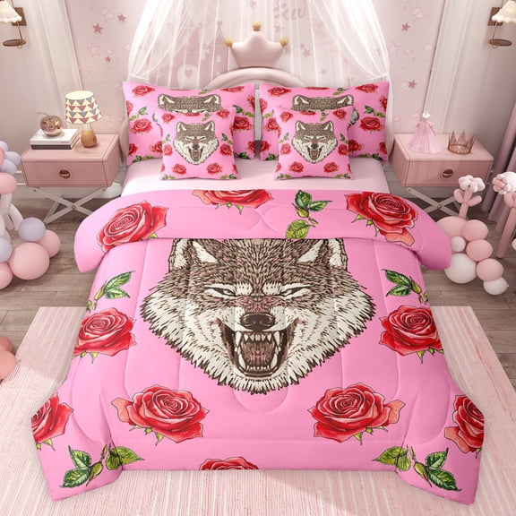 Feelyou Rustic Wolf Wildlife Twin Bedding Sets 7-Piece, Fashion Red Rose Floral Bedding Comforter Set, Teens Kids Boys Girls Reversible Sheet Sets, Luxury Bedroom Decor