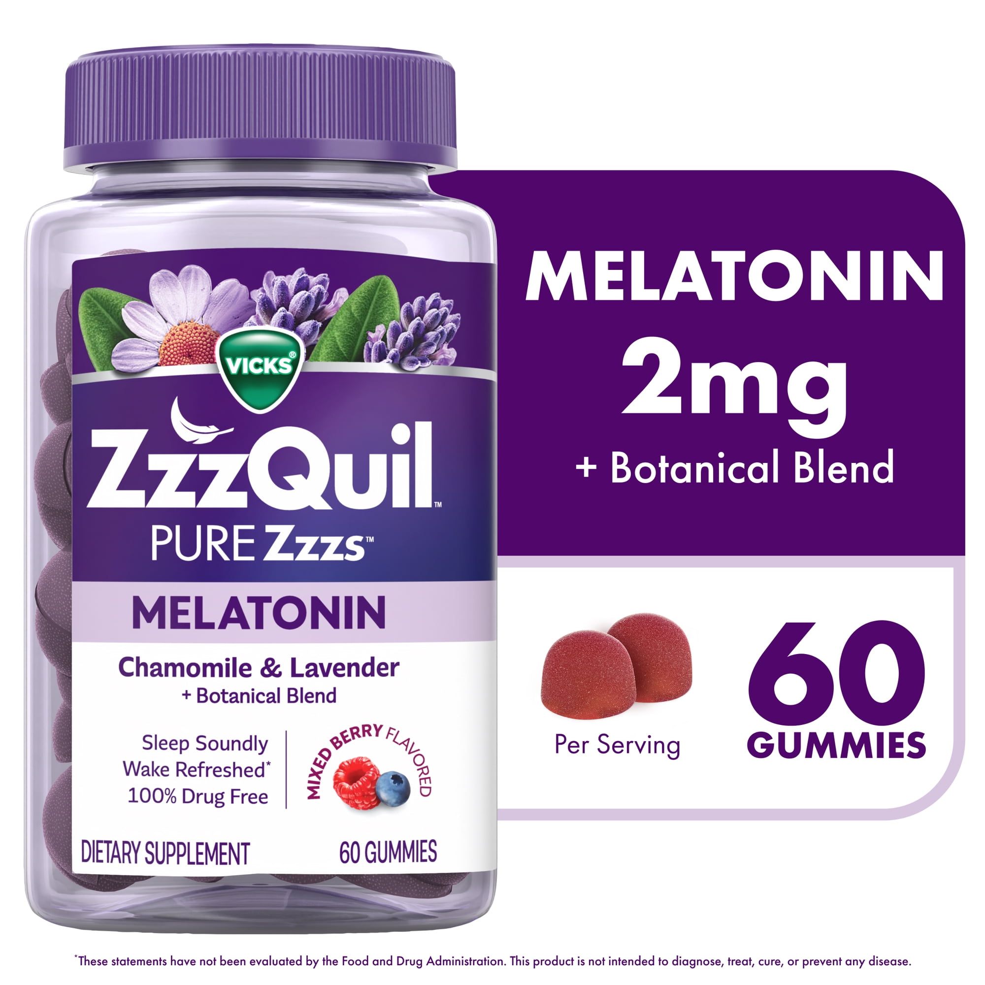 ZzzQuil PURE Zzzs Melatonin Sleep Aid Gummies, 2mg, Wildberry Vanilla, 60 Count