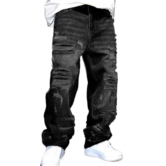 Reppunk Men's Ripped Distressed Loose Fit Comfortable Straight Fit Jeans Streetwear Menswear Plain Solid Color Denim Pants Trousers Casual Stylish Casual Stylish