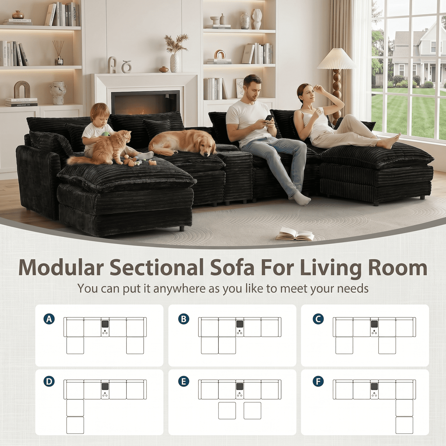 124" U Shaped Cloud Couch Sectional Sofa for Living Room, Oversized Modular Sectional Couch with Double Chaise & Storage Console, Black Corduroy Deep Seat Comfy Sofa with USB Ports & Cup Holders