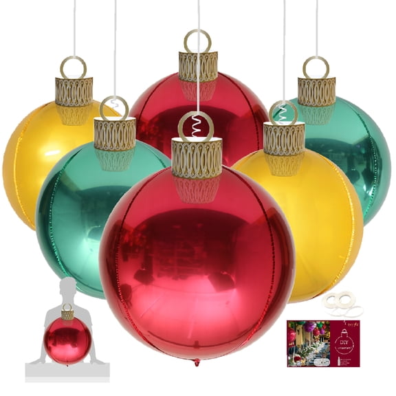 Eanjia XXL 30" Christmas Ornaments 6 Count Gold,Red ,Green 76cm x 50cm Foil Balloon Christmas Bauble - Inflatable Balloon Ball Hanging Ornaments for Holiday Indoor Window Display Xmas Tree Decoration
