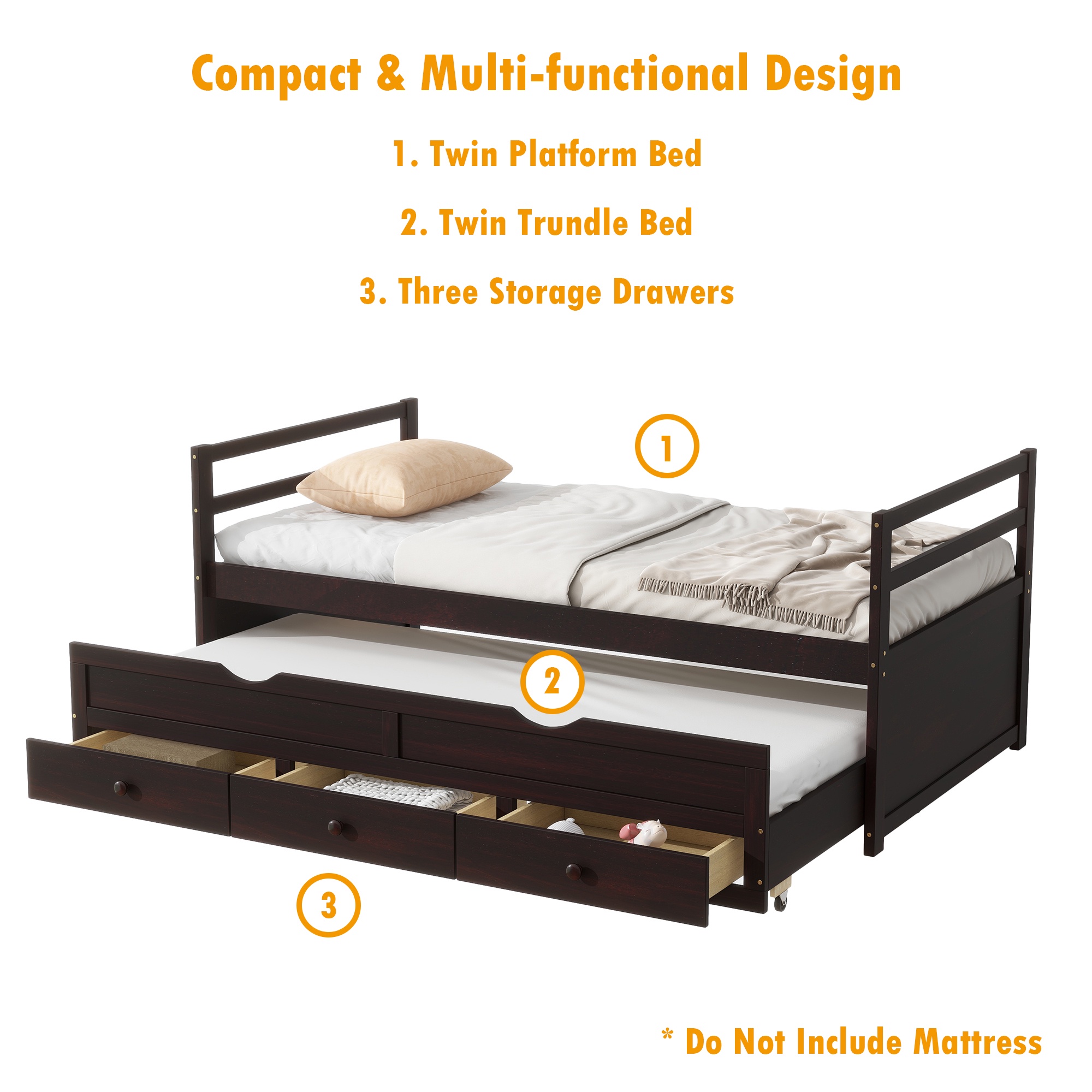 Bellemave House Twin Size Pine Wood and MDF Bed Frame with Trundle, Brown