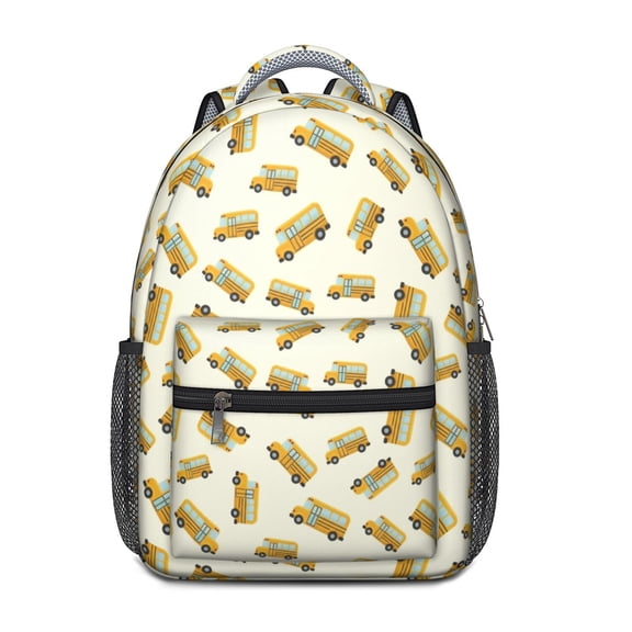 School Bus and Wheels Beige Pattern Backpack for School, Cute School Bag with Adjustable Shoulder Straps and Padded Back, 15.3"x11"x6.7"