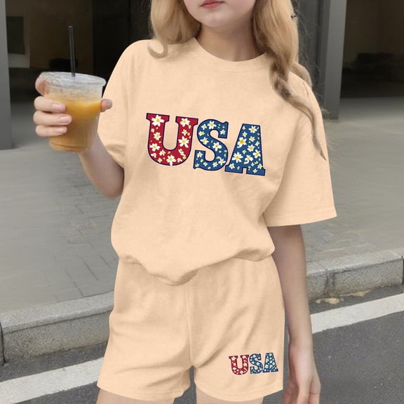 ATOGUTA Girl 2 Piece Outfit Set Kids 4th of July Short Sleeve T-Shirts Elastic Waist Shorts Casual Summer Clothing Sets Size 3T-15, Beige