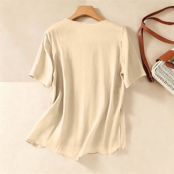 Turilly Womens Basic Shirts Top Women's Casual Fashion Solid Color Summer V-Neck Short Sleeve Blouses Button-Down Linen Embroidered Top