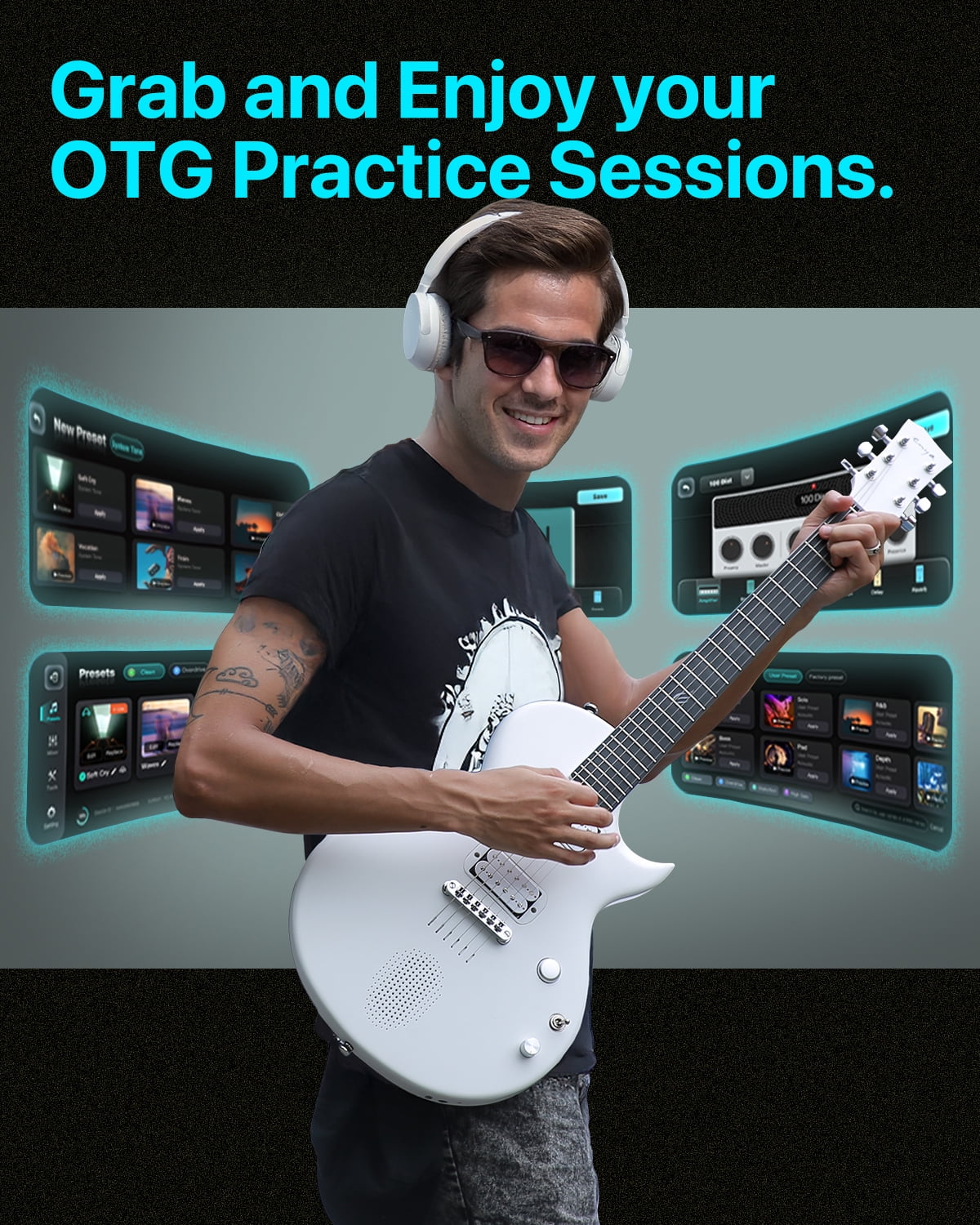 Enya Electric Guitar Nova Go Sonic Smart Electric Carbon Fiber Guitarra with 10W Wireless Speaker, Onboard Presets, Charging Cable, Adjusting Wrench, and Gig Bag
