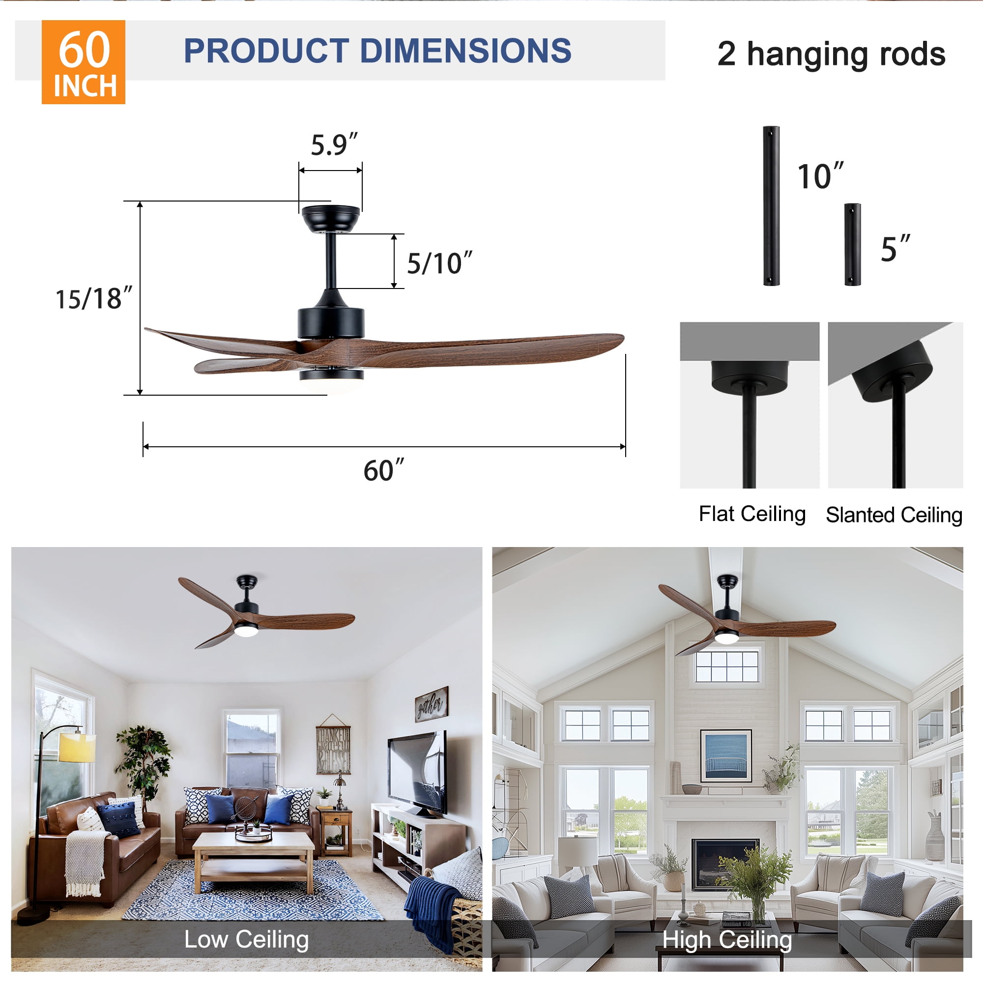 Ceiling Fan with Light, 60 Inch Large Quiet Fan for Big Household Living Space, Matte Black Wood