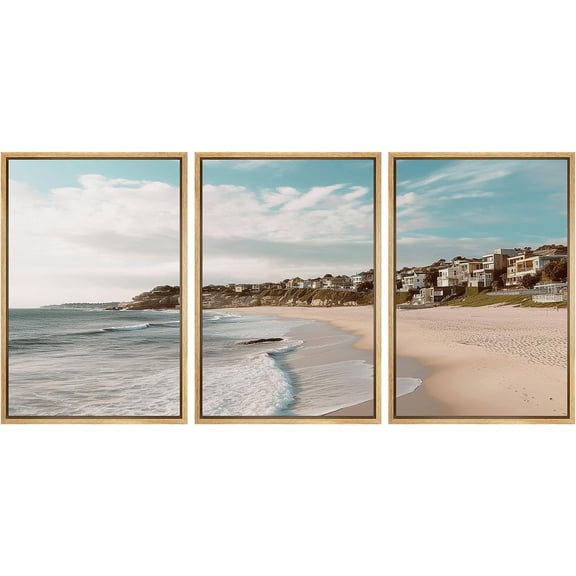 PixonSign Framed Canvas Print Wall Art Set Beach Shore Cityscape California Urban Architecture Photography Realism Scenic Landscape Decorative Colorful Multicolor for Bedroom - 16"x24"x3 Natural