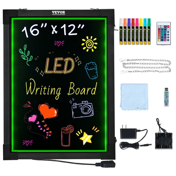 VEVOR LED Message Writing Board,16"x12" Illuminated Erasable Lighted Chalkboard, Neon Effect Menu Sign Board, Drawing Board with 8 Fluorescent Chalk Markers and Remote Control, for Home Wedding Shop