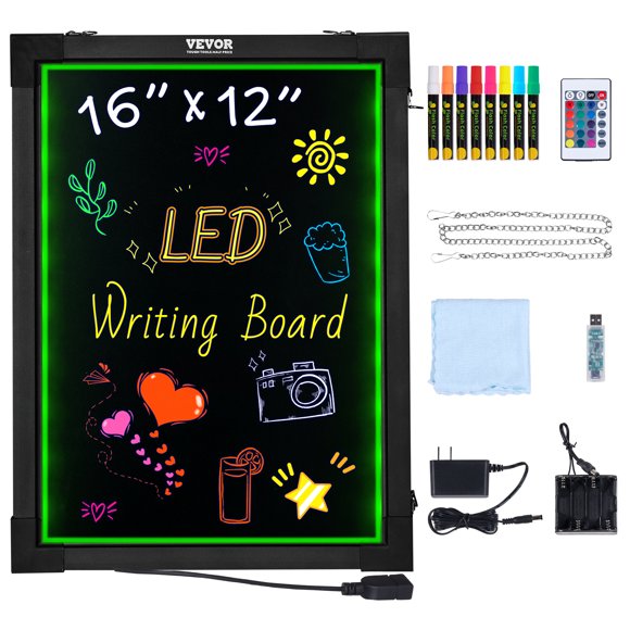 VEVOR LED Message Writing Board, 16"x12" Illuminated Erasable Lighted Chalkboard, Neon Effect Menu Sign Board, Drawing Board with 8 Fluorescent Chalk Markers and Remote Control