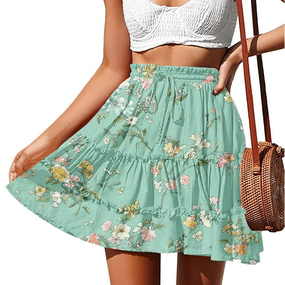 Summer Clearance Sales Iumwxz Cute Leisure Ruffle Lace-up Beach Skirts Womens Savings Skirts Floral Graphic Skirts Elastic Mid Waist Mini Skirt for Women Loose Flowy Dating
