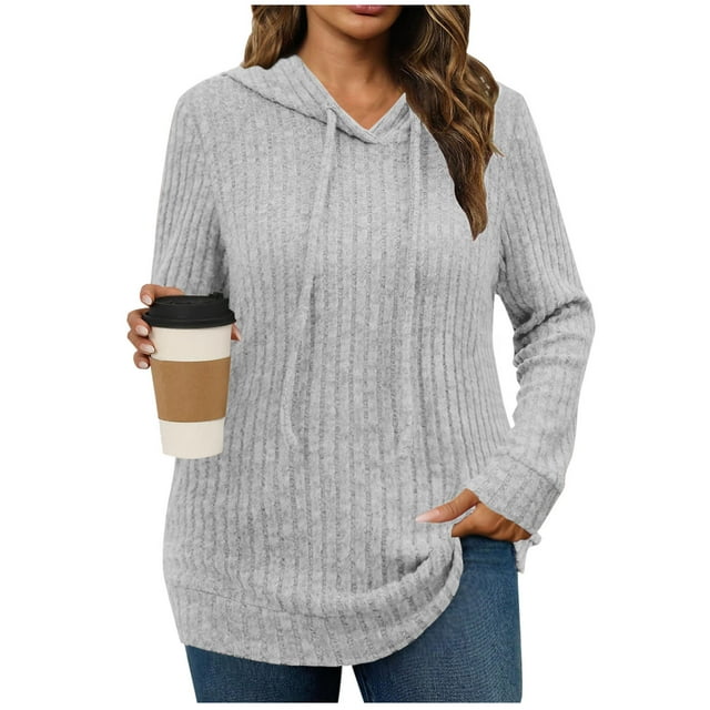HAiming Womens Knitted Hoodies Causal Long Sleeve Solid Color Drawstring Hooded Sweater Sweatshirts