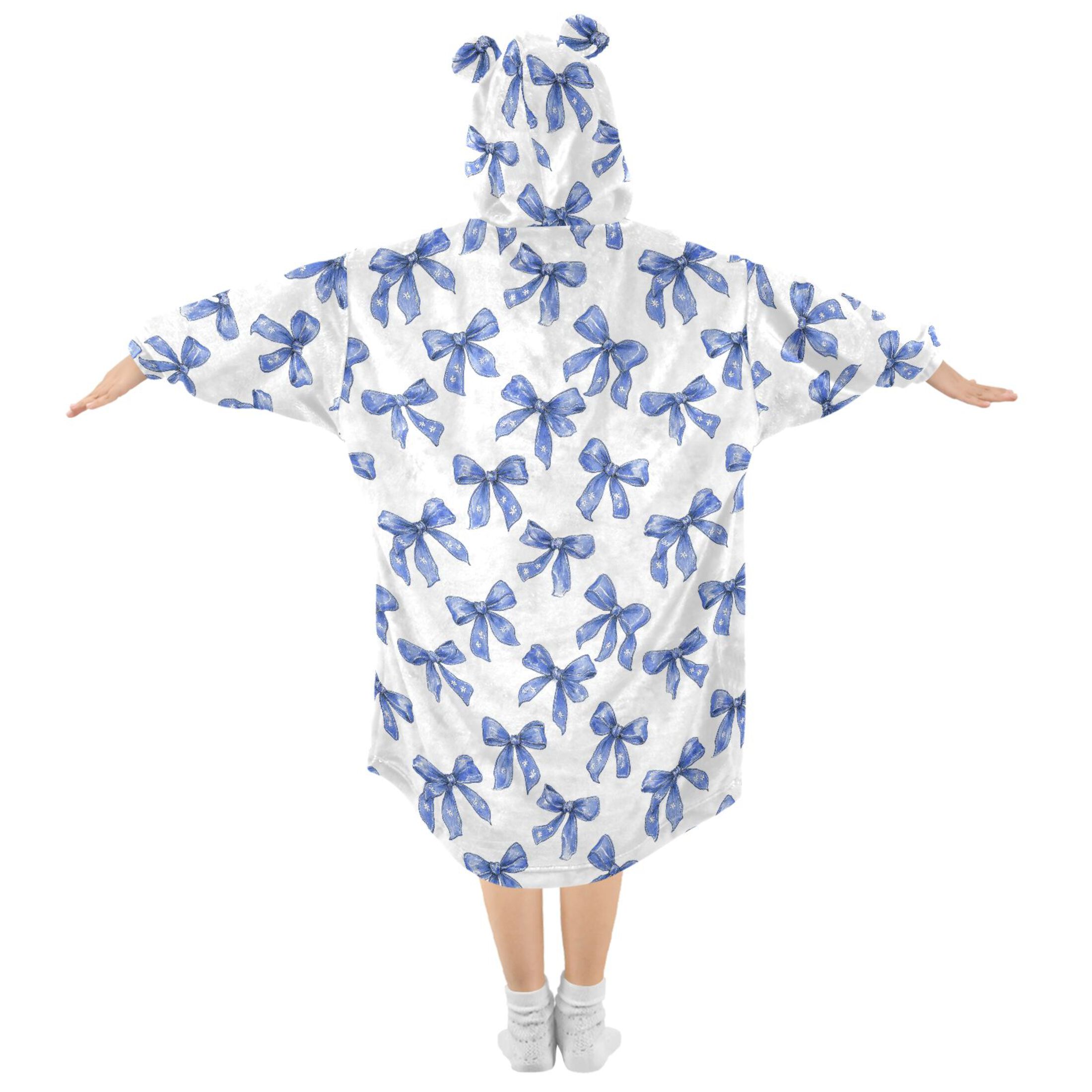 Wearable Blanket Hoodie for Kids Blue Bow Art Flannel Hooded Blanket with Pockets and Sleeves Suitable for Boys and Girls