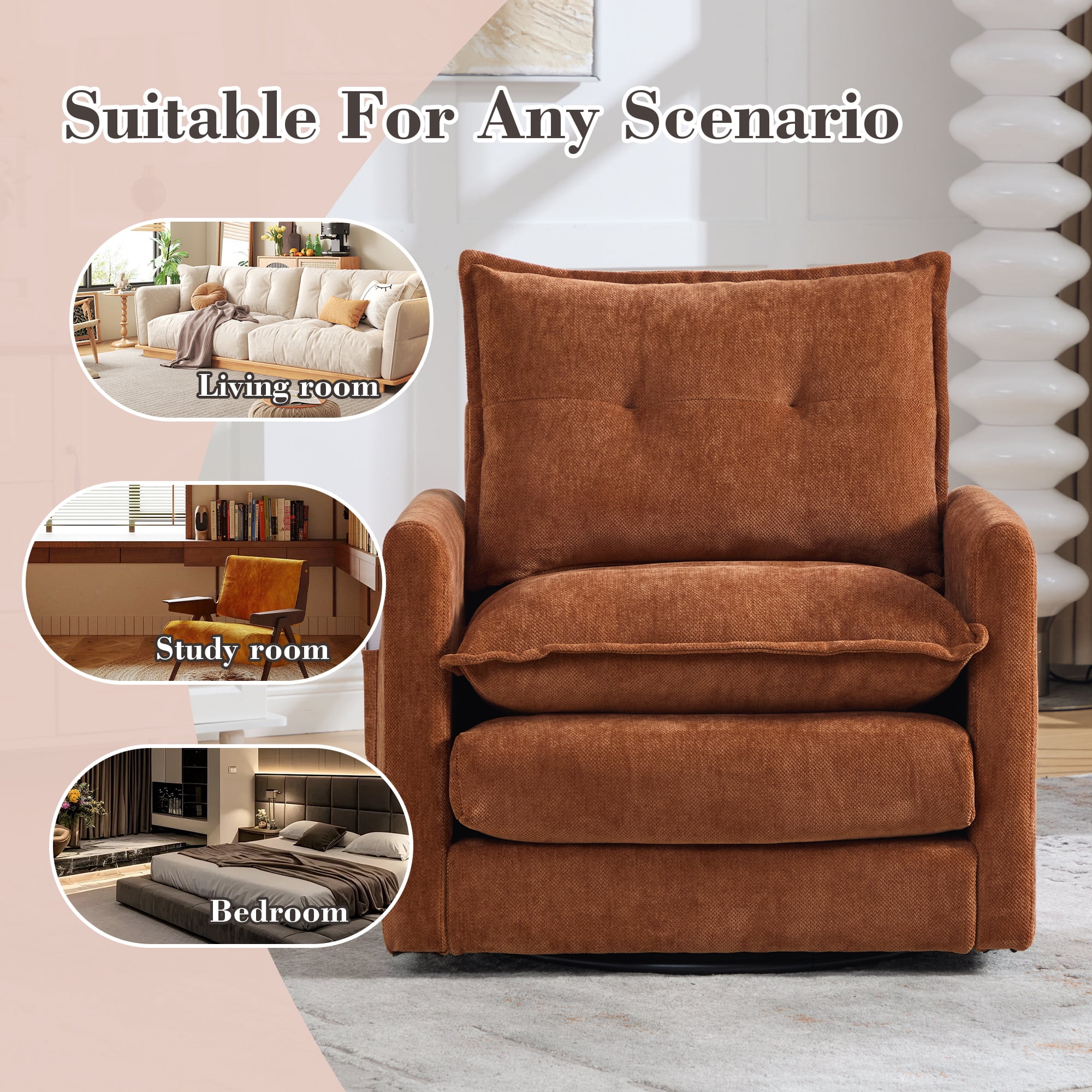 Leumius Swivel Accent Chair,Mid Century Modern Chenille Armchair with Thick Padded and Metal Base,Swivel Single Sofa Chair Barrel Reading Chair for Living Room Bedroom,Brown