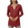 thumbnail image 3 of Women's Summer Long Sleeve Round Neck Tops Shirts Blouses Comfy Regular Fit Solid Color Casual Daily Wear Work Office Vacation Fashion Essential Gift for Women | Aestivo,Wine XL, 3 of 9