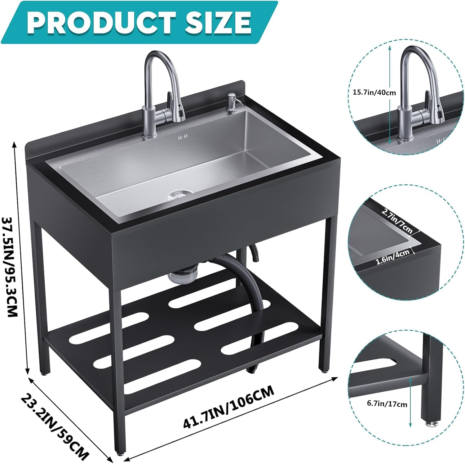 Esheno Stainless Steel Freestanding Utility Sink Cold Hot Faucet Hoses Drain Kit For Backyard Bathroom Sliver 41.7in
