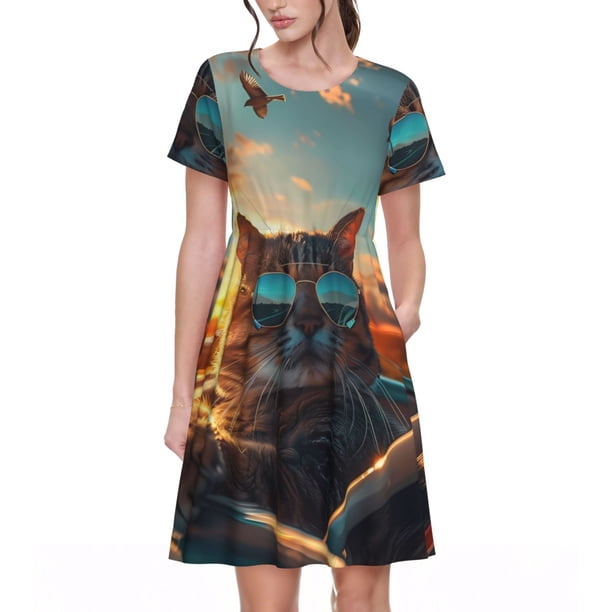 Easygdp Cool Cat Driving Sunset para Vestido Transpirable de Mujer, Vestido Suelto de Manga Corta con Pliegues y Bolsillos para el Verano