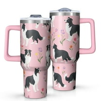 OBREWU Border Collie Dogs with Flowers Tumbler with Handle and Lid,Border Collie Dogs with Flowers 40oz Double Wall Vacuum Insulated Tumbler,Cups Gift for Women and Men