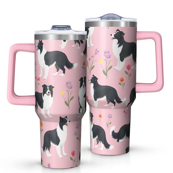 OBREWU Border Collie Dogs with Flowers Tumbler with Handle and Lid,Border Collie Dogs with Flowers 40oz Double Wall Vacuum Insulated Tumbler,Cups Gift for Women and Men
