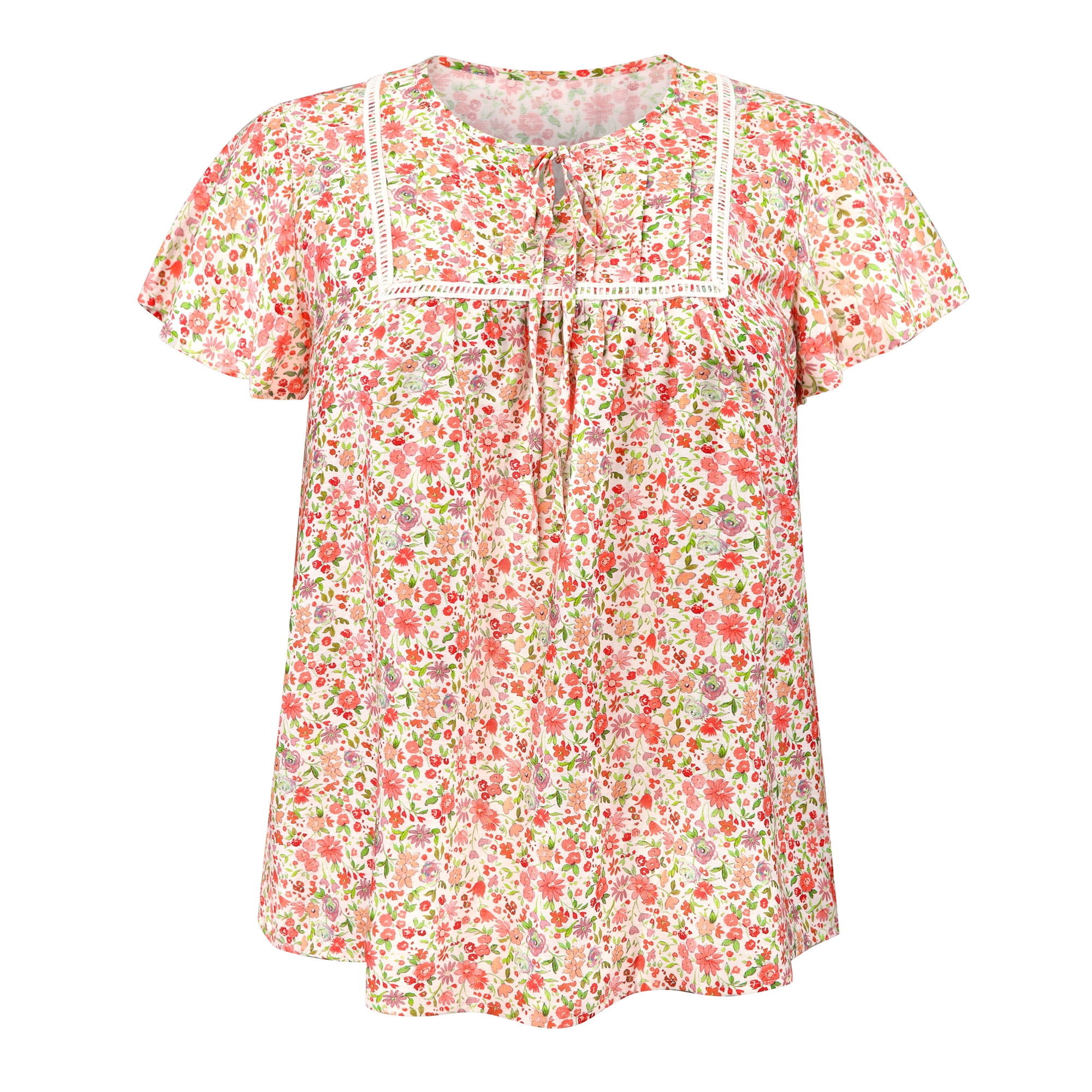 DARING DIVA Women's Plus Floral Tie Neck Blouse with Ruffle Sleeve 4X Pink