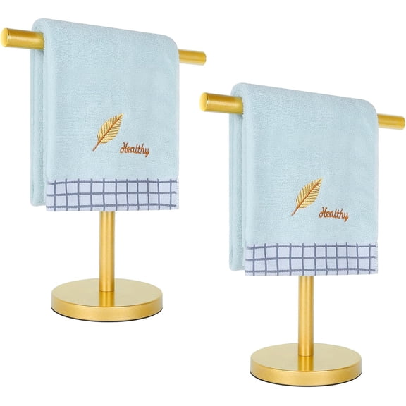 SUMMIT-T-Shape Bath Hand Towel Holder Stand, Stainless Steel Free Standing Hand Towel Rack with Heavy Base, for Bathroom Kitchen & Countertop, Golden, 2 Pack