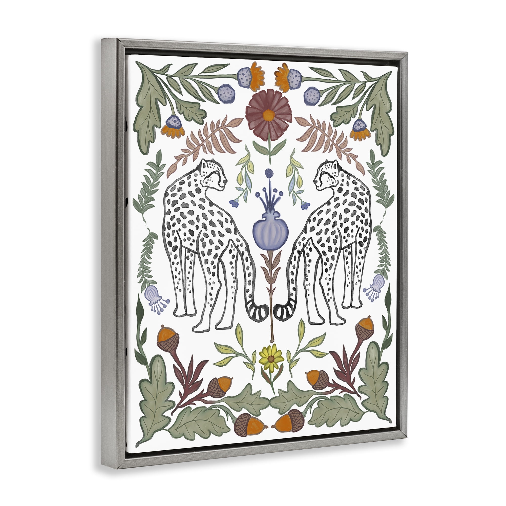 Stupell Industries Mirrored Plants with Leopards Animals Painting Gray Floater Framed Canvas Art Print Wall Art, 25 x 31