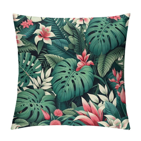 JRXY Summer Tropical Leaves Pillow Covers, Monstera Palm Leaf Flower Pillow Cushion Cases, Green Plant Hawaiian Pink Red Floral Throw Pillows Cover Decor Gifts for Bed Couch Sofa Living Room White