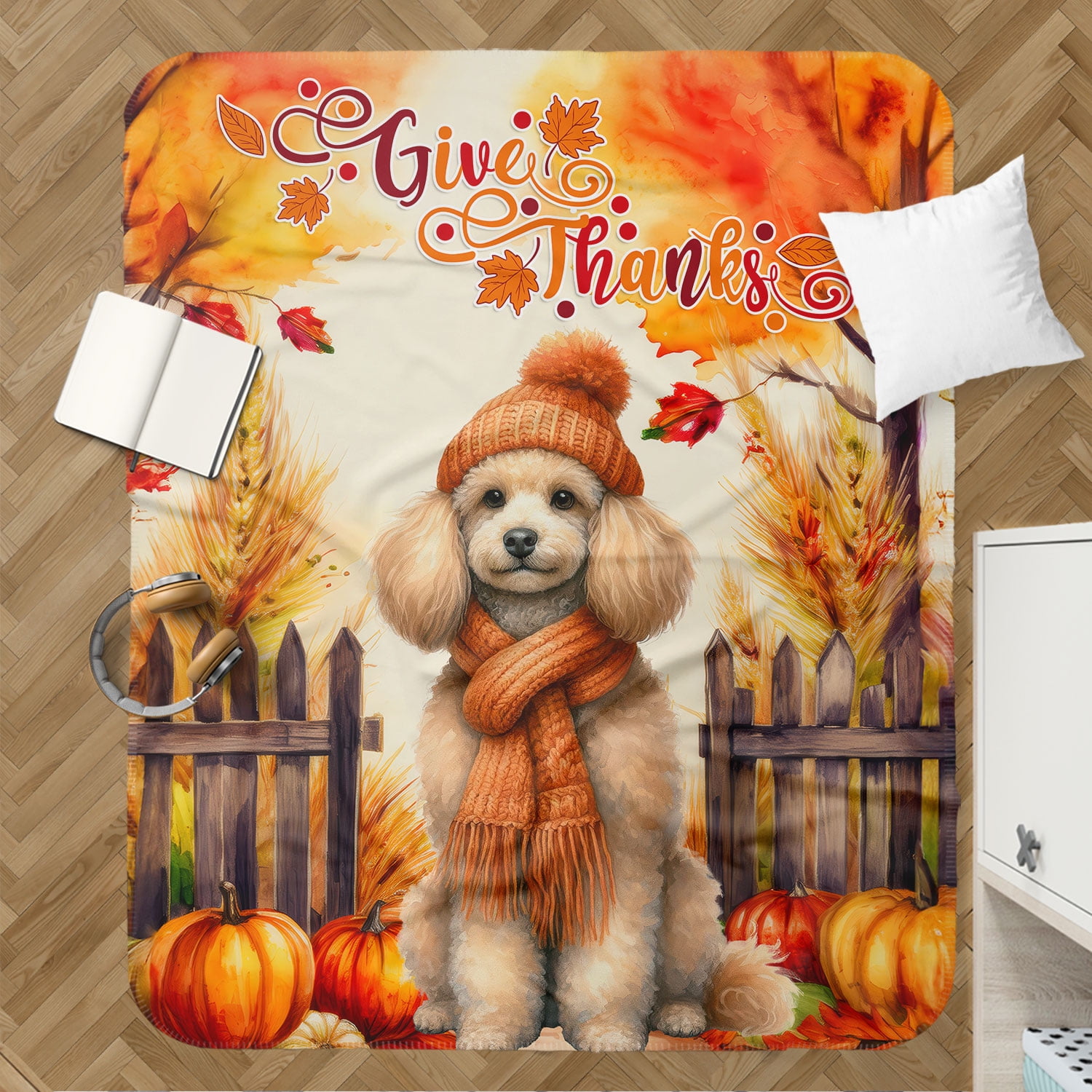 Happy Thanksgiving Poodle Give Thanks Fall Beanie Scarf Welcome Cozy Sherpa Blanket Poodles Dog Lover Gifts Idea Warm Soft Throw Blanket - 00020