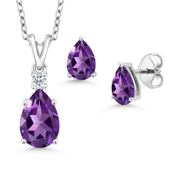 925 Sterling Silver Purple Amethyst and White Topaz Pendant and Earrings Jewelry Set for Women (3.10 Cttw, Gemstone February Birthstone, Pear Shape 10X7MM and 7X5MM, with 18 inch Chain)